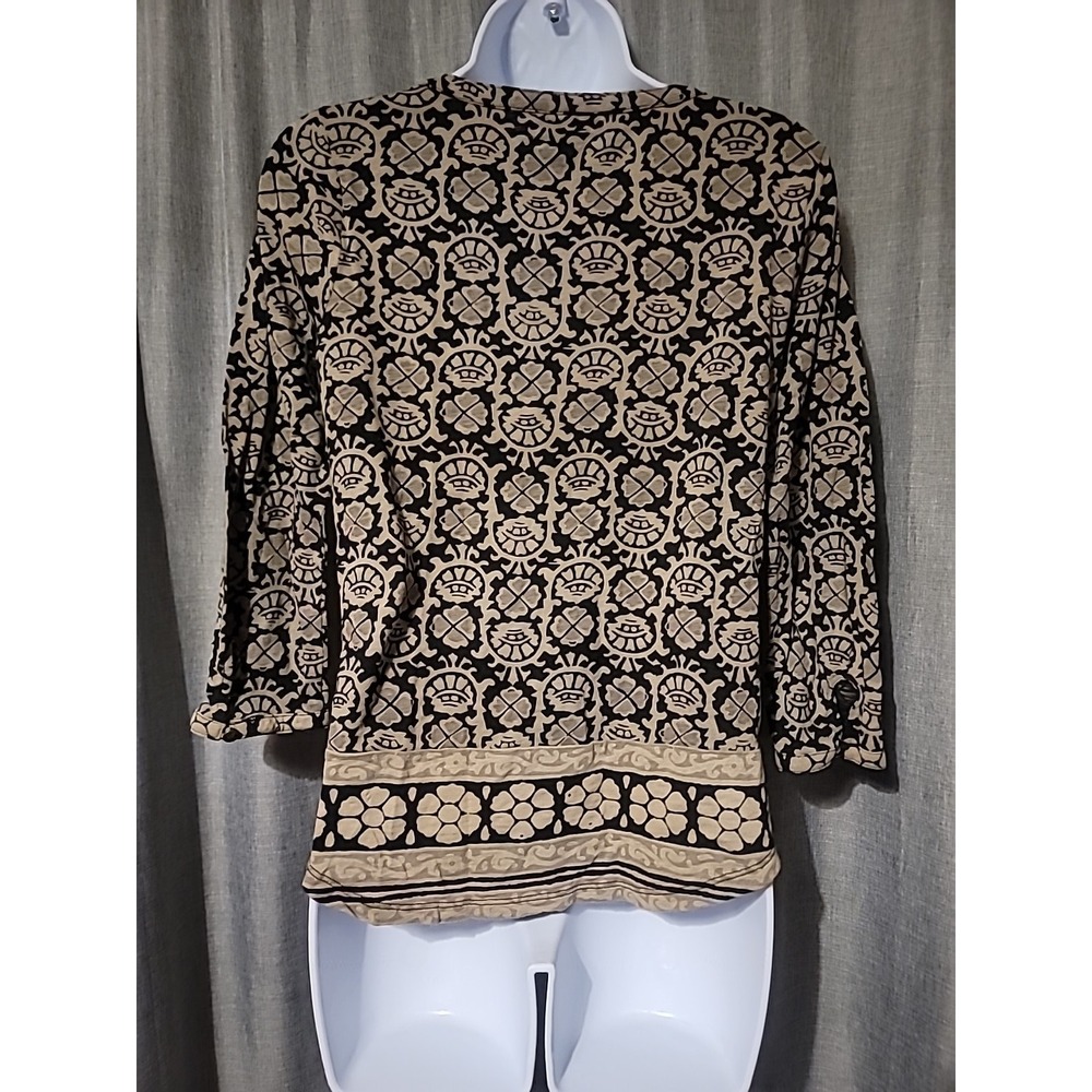 Lucky Brand Women Woodblock Floral Print Tunic Blouse Black Tan Small 3/4 Sleeve - Picture 3 of 4